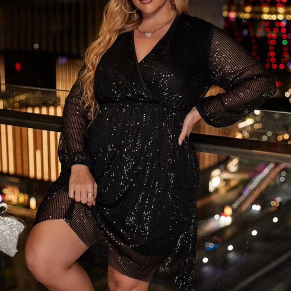 BellanBlue Dresses & Skirts - Plus Classic Black Sequin Sheer Sleeve Mini Dress Party Holiday